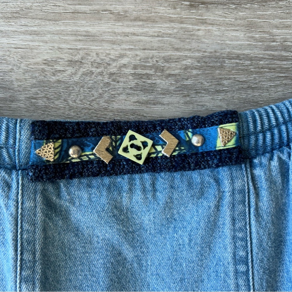 Vintage Traditional Tribal A Line Flowy Denim Midi Skirt - Picture 2 of 12